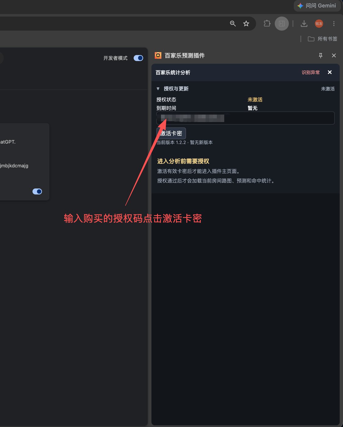 在百家乐预测插件侧边栏输入已打码的卡密并激活的真实截图